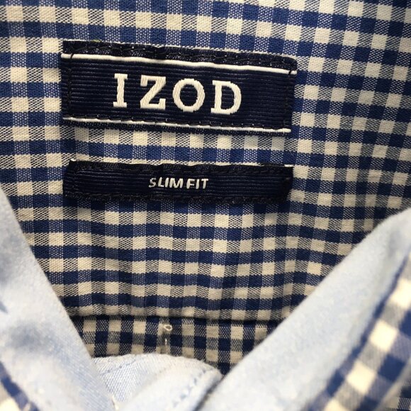 Izod Dress Shirt Men Medium Blue White Check Slim Fit Long Sleeve Classic Preppy - Picture 6 of 11